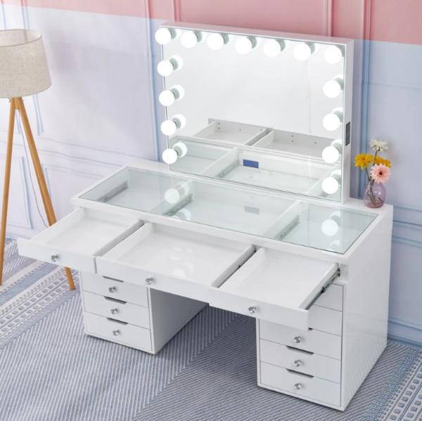 White Hollywood vanity station with mirror